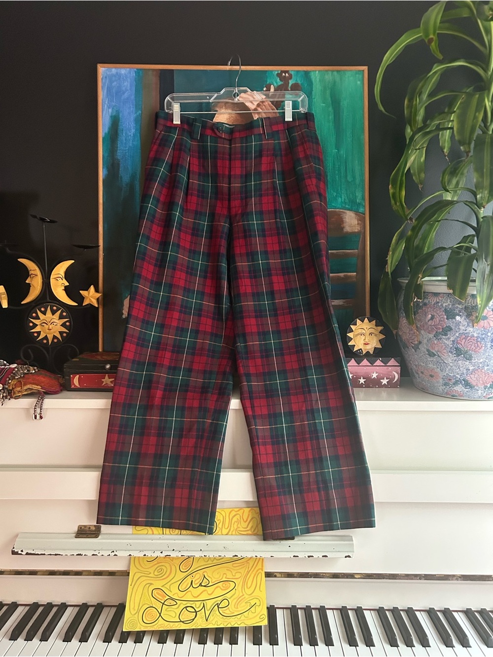 Vintage 80s ALVA Tartan Plaid High Waist Pleated Trousers Pants Red Green